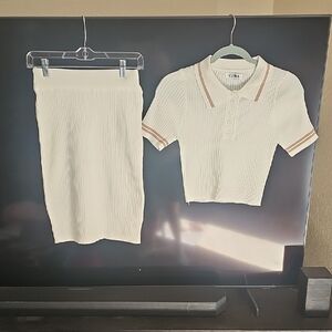 Cream Ribbed Knit Top and Skirt Set